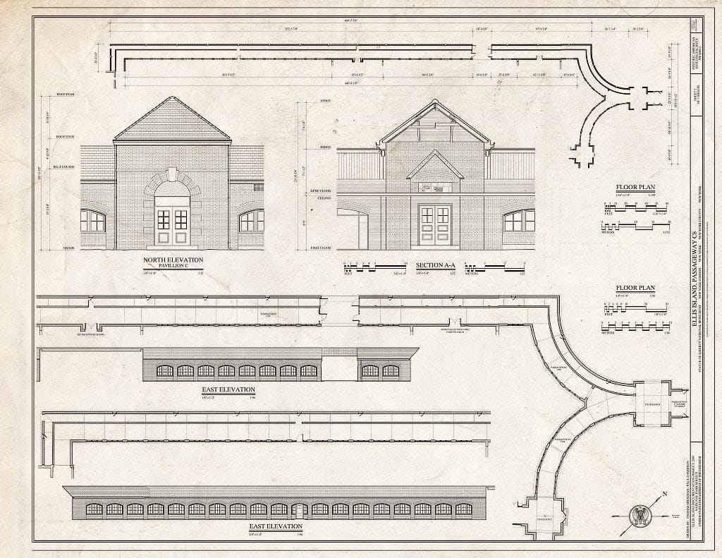 Blueprint Elevations, Floor Plans & Section - Ellis Island, Passageway C8, New York Harbor, New York County, NY