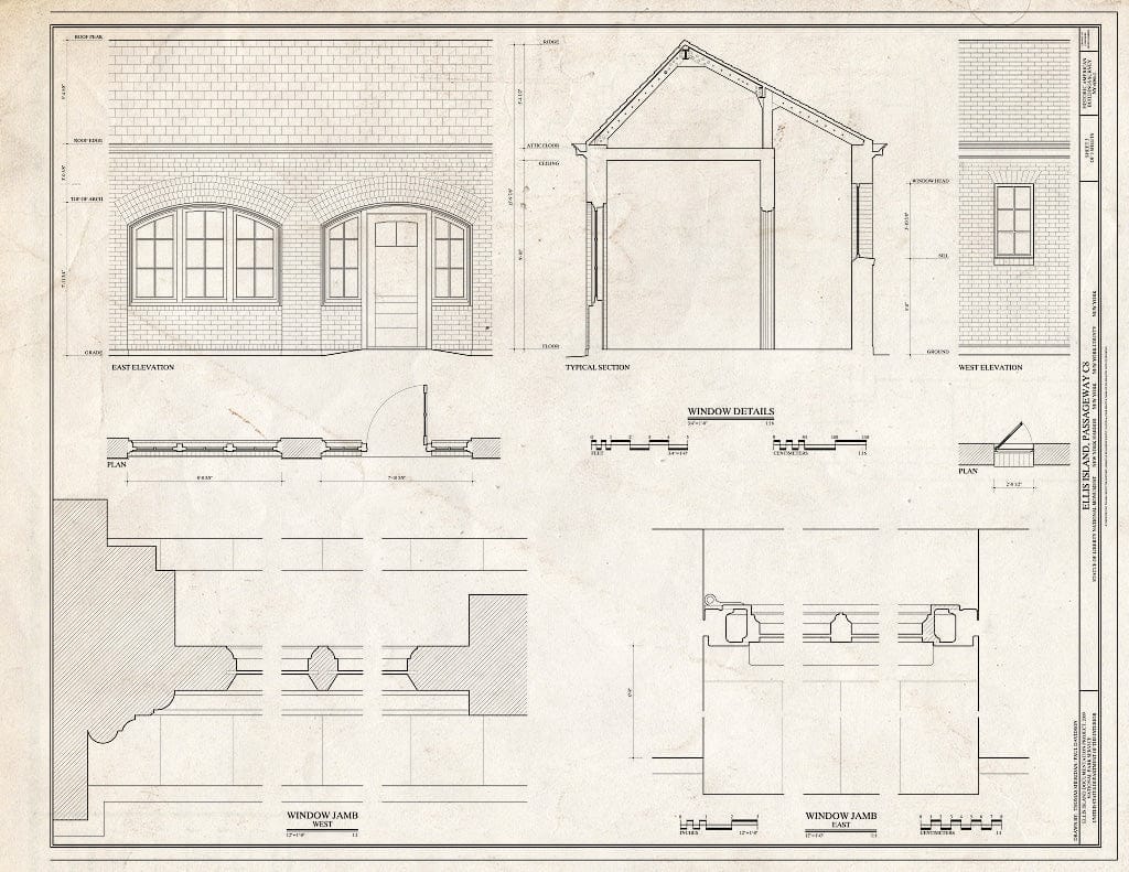 Blueprint East Elevation, Window Details - Ellis Island, Passageway C8, New York Harbor, New York County, NY