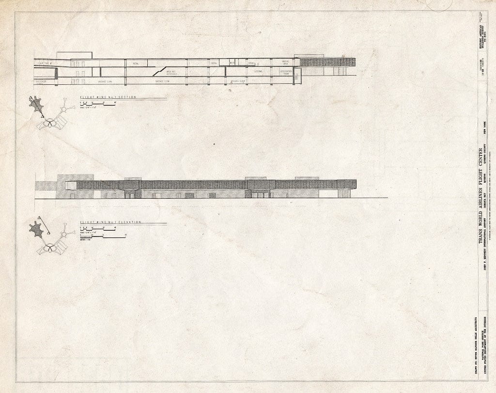 Blueprint Flight Wing No. 1 - Section & Elevation - Trans World Airlines Flight Center, John F. Kennedy International Airport, Jamaica Bay, Queens (subdivision), Queens County, NY