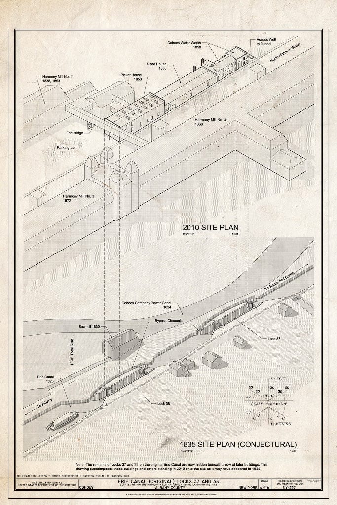 Blueprint 2010 Site Plan, 1835 Site Plan (Conjectural) - Erie Canal (Original), Locks 37 & 38, 84 North Mohawk Street, Cohoes, Albany County, NY