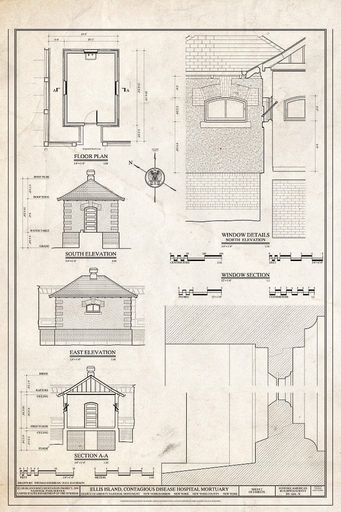 Blueprint Elevations, Section, Floor Plan, and Window Details - Ellis Island, Contagious Disease Hospital Mortuary, New York Harbor, New York County, NY