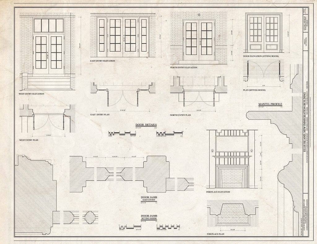 Blueprint Door Details, Mantel Profile - Ellis Island, New Immigration Building, New York Harbor, New York County, NY