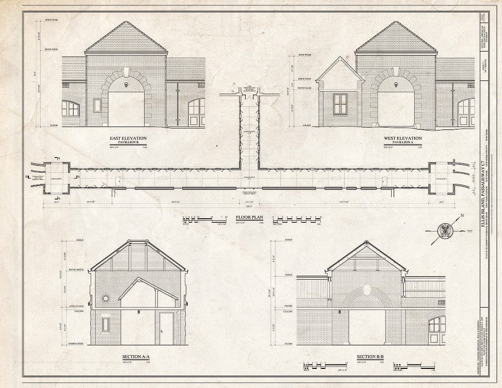 Blueprint Elevations & Sections - Ellis Island, Passageway C7, New York Harbor, New York County, NY