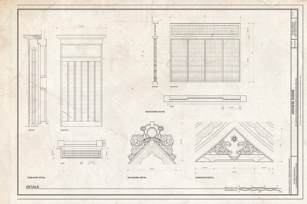 Blueprint Details Including Details of Omogegyo, Onigawara, and Tsuksehoin - Kykuit, Japanese Shrine, 200 Lake Road, Pocantico Hills, Westchester County, NY