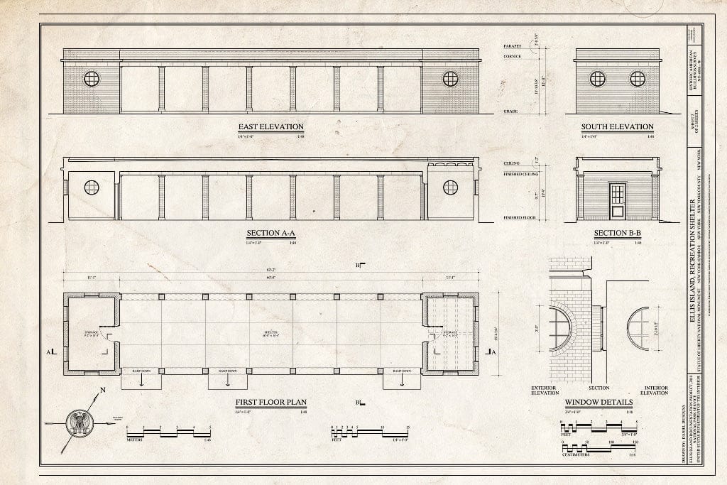 Blueprint Elevations, Section, First Floor Plan and Window Details - Ellis Island, Recreation Shelter, New York Harbor, New York County, NY