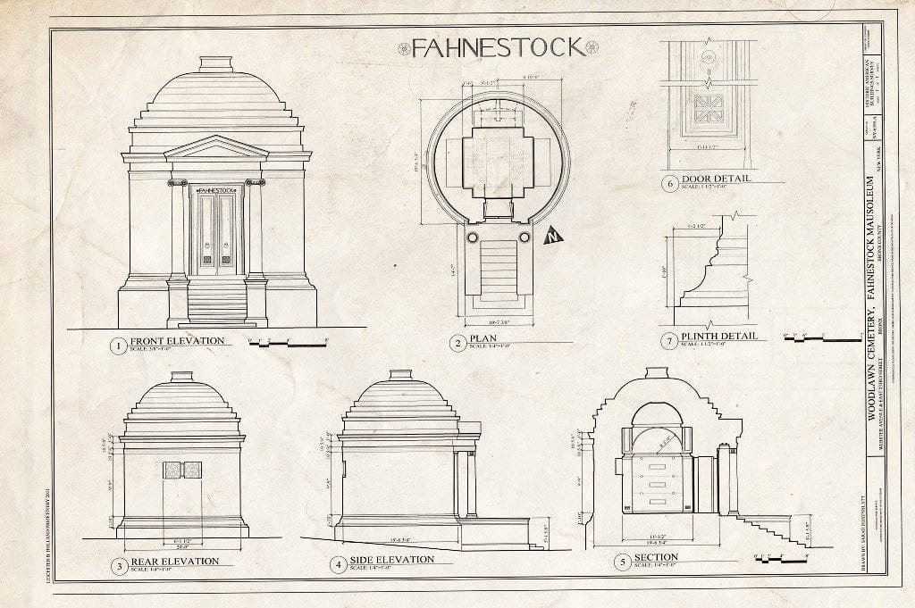 Blueprint Elevations, Plan, Section, Door Detail, Plinth Detail - Woodlawn Cemetery, Fahnestock Mausoleum, Webster Avenue & East 233rd Street, Bronx, Bronx County, NY