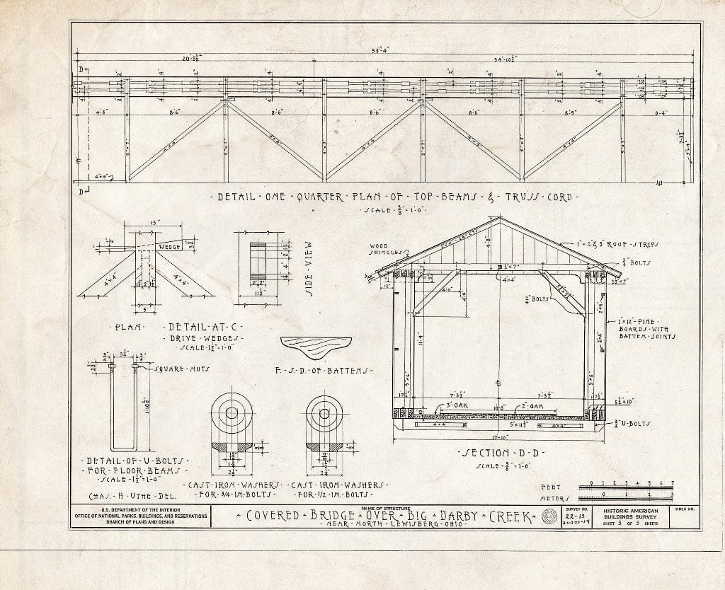 Blueprint Detail One Quarter Plan of Top Beams & Truss Cord, Detail at C, Section DD, Details - Covered Bridge, Spanning Darby Creek, North Lewisburg, Champaign County, OH