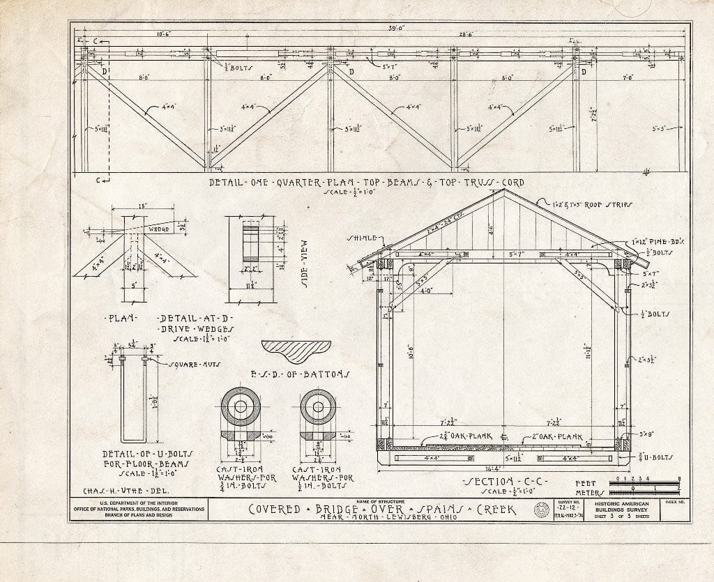 Blueprint Detail One Quarter Plan Top Beams & Top Truss Cord, Details, Section C-C - Covered Bridge, Spanning Spain's Creek, North Lewisburg, Champaign County, OH