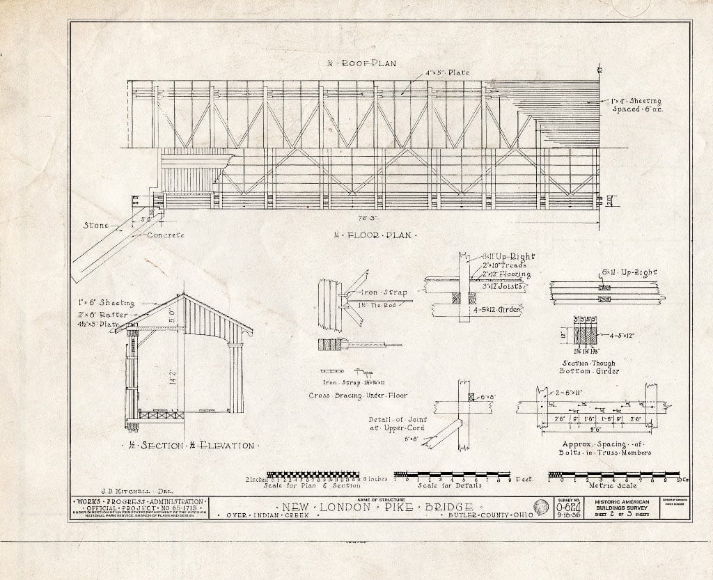 Blueprint 1/4 Roof Plan, 1/4 Floor Plan, 1/2 Section, 1/2 Elevation, Details - New London Pike Covered Bridge, Spanning Indian Creek, Hamilton, Butler County, OH