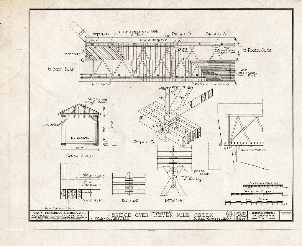 Blueprint 1/2 Roof Plan, 1/2 Floor Plan, Cross Section, Details - Covered Bridge, Spanning Seven Mile Creek, Collinsville, Butler County, OH