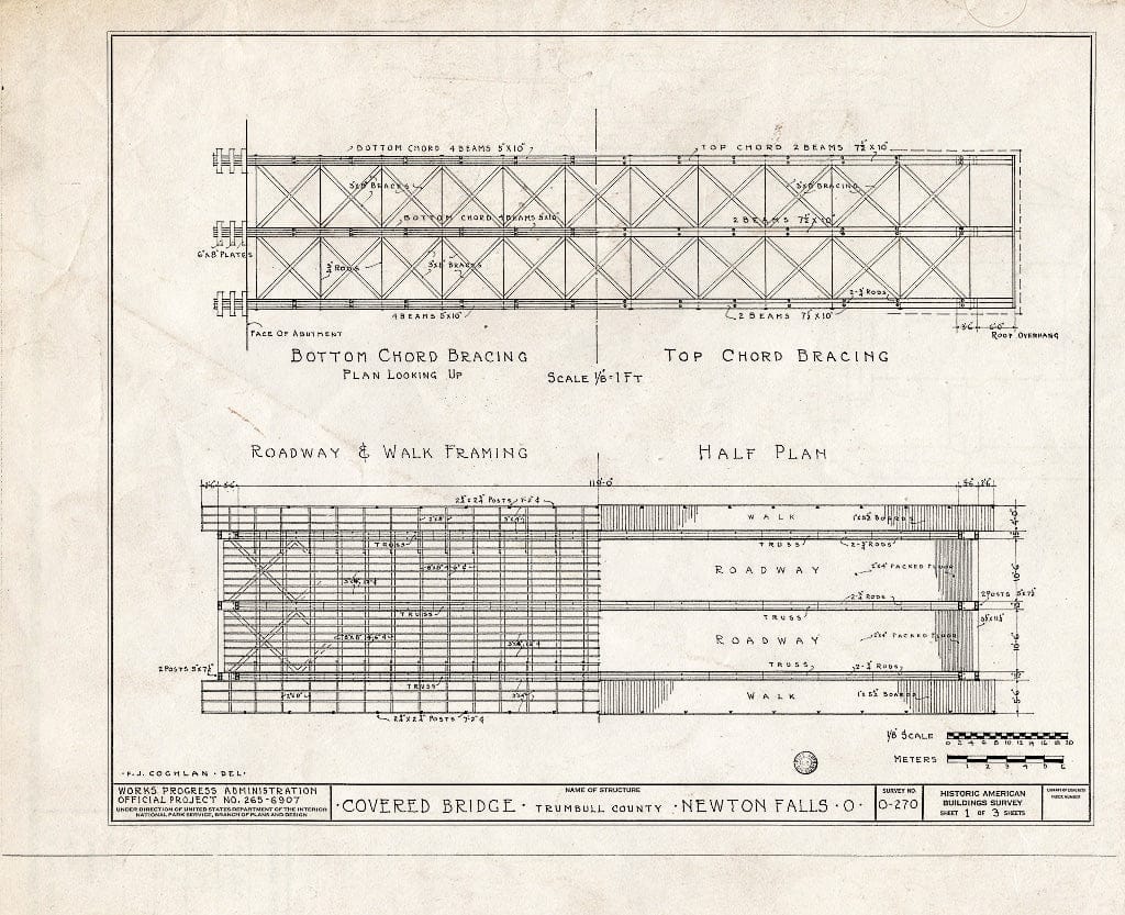 Blueprint Bottom Chord Bracing, Top Chord Bracing, Roadway & Walk Framing, Half Plan - Covered Bridge, Spanning Mahoning River, Newton Falls, Trumbull County, OH