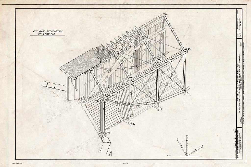 Blueprint Cut Away Axonometric of West End - John Bright No. 2 Covered Bridge, Bish Road (Township Route 263) Over Poplar Creek, Carroll, Fairfield County, OH