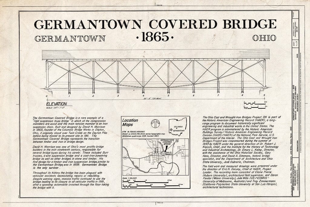 Blueprint Germantown Covered Bridge, Title Sheet - Germantown Covered Bridge, Center Street Spanning Little Twin Creek, Germantown, Montgomery County, OH