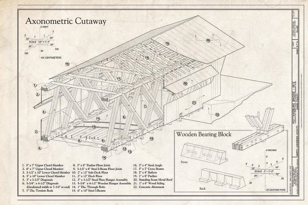 Blueprint Axonometric Cutaway, Wooden Bearing Block - Pottersburg Bridge, Spanning Big Darby Creek, North Lewisburg Road (CR 164), North Lewisburg, Union County, OH