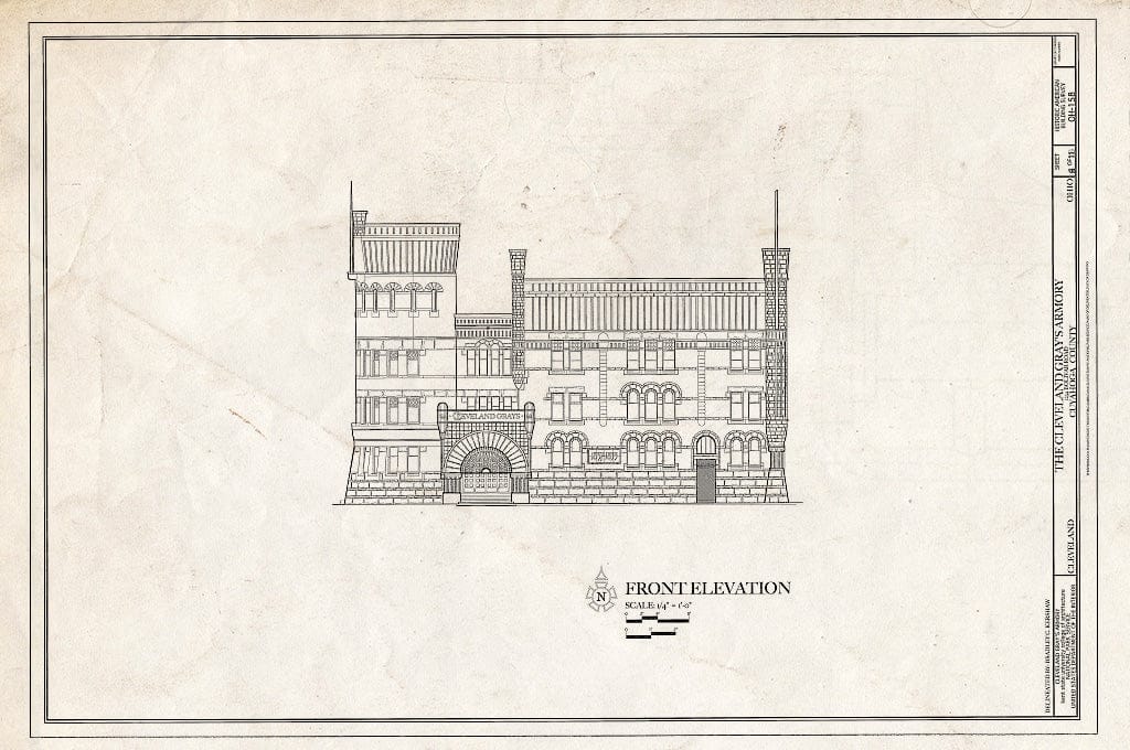 Blueprint Front Elevation - Cleveland Grays Armory, 1234 Bolivar Road, Cleveland, Cuyahoga County, OH