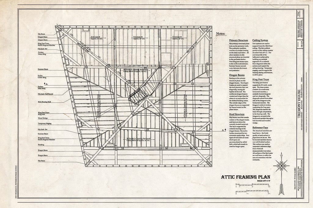 Blueprint Attic Framing Plan - Tremont House, 101 East Main Street, Bellevue, Huron County, OH