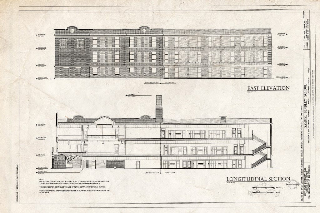 Blueprint East Elevation & Longitudinal Section - Samuel Findley School, Tallmadge and Cuyahoga Streets, Akron, Summit County, OH