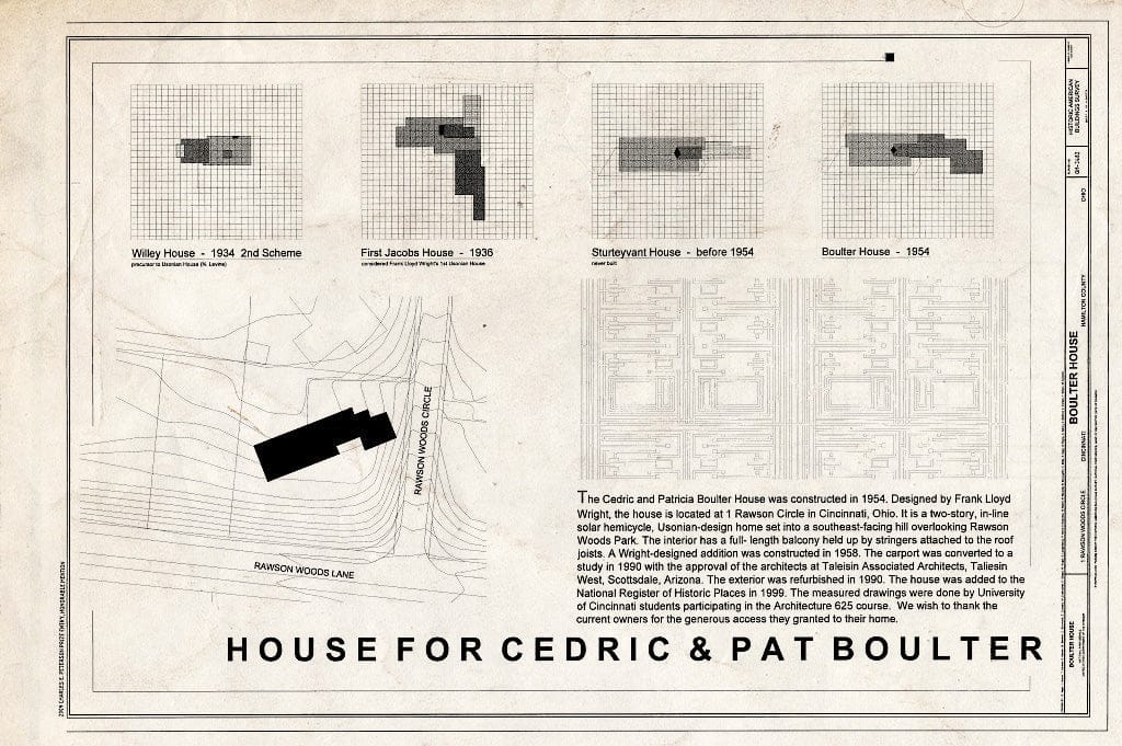 Blueprint Cover Sheet & Site Plan - Cedric & Patricia Boulter House, 1 Rawson Woods Circle, Cincinnati, Hamilton County, OH