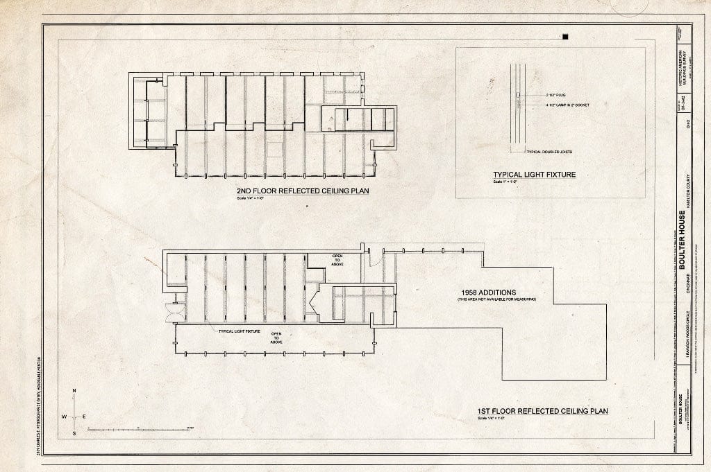 Blueprint First Floor & Second Floor Reflected Ceiling Plans and Typical Light Fixture - Cedric & Patricia Boulter House, 1 Rawson Woods Circle, Cincinnati, Hamilton County, OH