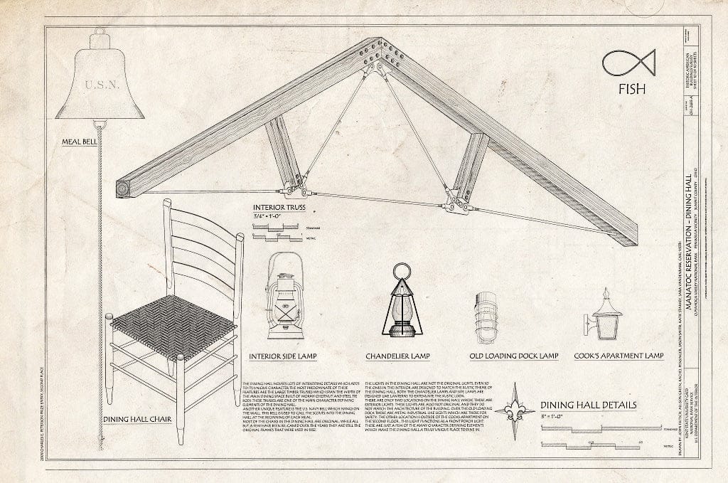 Blueprint Details of Meal Bell, Interior Truss, Lamps, Dining Hall Chair - Manatoc Reservation, Dining Hall, 1075 Truxell Road, Peninsula, Summit County, OH