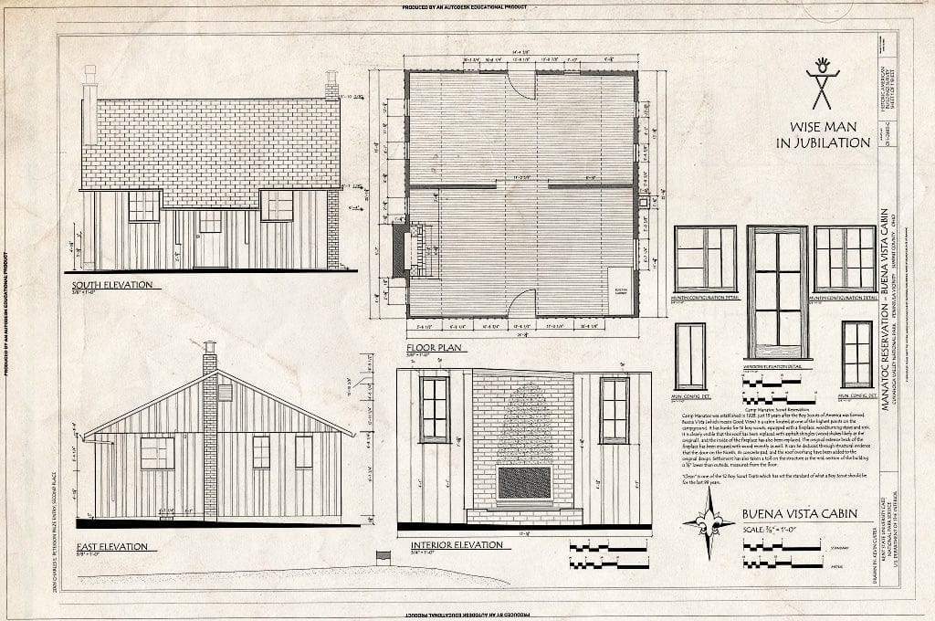 Blueprint Floor Plan, South & East Elevations, Interior Elevation, and Window Details - Manatoc Reservation, Buena Vista Cabin, 1075 Truxell Road, Peninsula, Summit County, OH