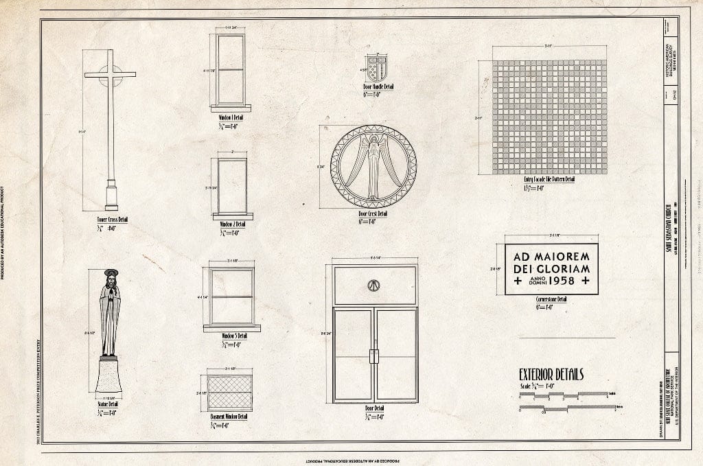 Blueprint Exterior Details Including Windows, and Door Crest - Saint Sebastian Church, 476 Mull Avenue, Akron, Summit County, OH