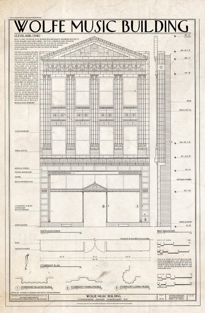 Blueprint Elevation, Brief History, Storefront Plan, Various Details - Wolfe Music Building, 2112 Eucllid Avenue, Cleveland, Cuyahoga County, OH