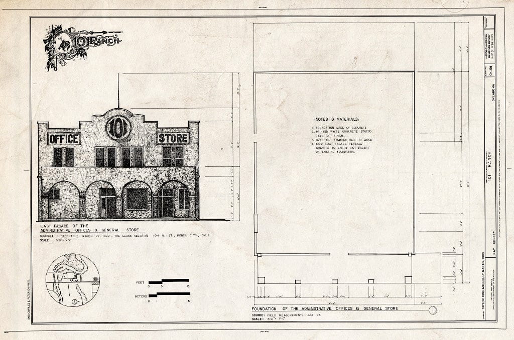 Blueprint Administrative Offices and General Store (East Elevation and Foundation) - 101 Ranch, State Highway 156 Between Ponca City & Marland, Ponca City, Kay County, OK