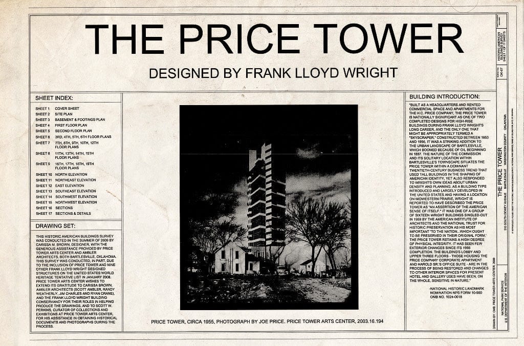 Blueprint Cover Sheet - Price Tower, 510 South Dewey Avenue, Bartlesville, Washington County, OK