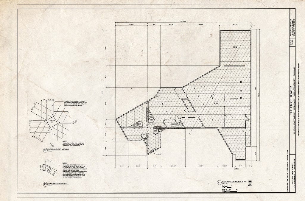 Blueprint Basement & Footings Plan - Price Tower, 510 South Dewey Avenue, Bartlesville, Washington County, OK