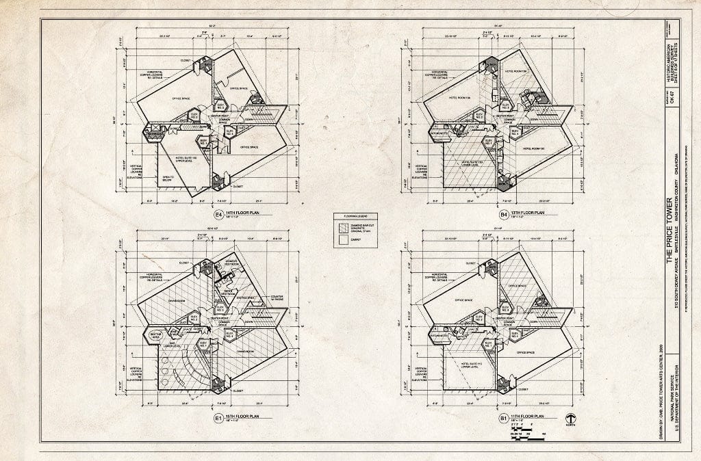 Blueprint 11th & 13th - 15th Floor Plans - Price Tower, 510 South Dewey Avenue, Bartlesville, Washington County, OK