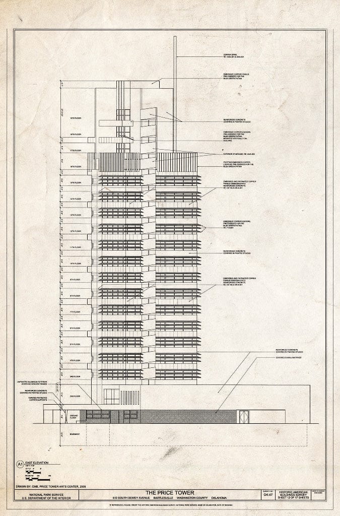 Blueprint East Elevation - Price Tower, 510 South Dewey Avenue, Bartlesville, Washington County, OK