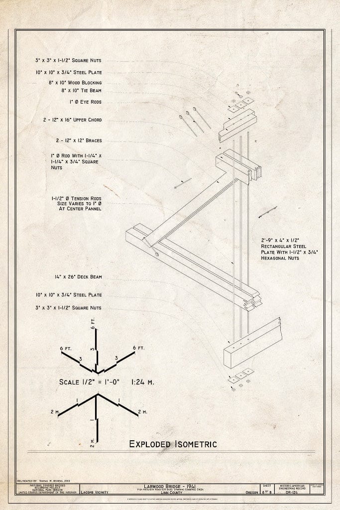 Blueprint Exploded Isometric - Larwood Bridge, Spanning Crabtree Creek, Fish Hatchery Road (CR 648), Lacomb, Linn County, OR