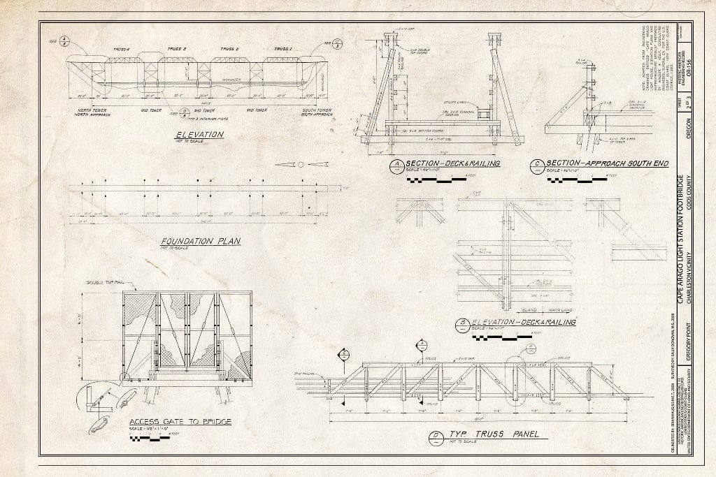 Blueprint Elevation, Sections, Foundation Plan, Access Gate to Bridge, and Typical Truss Panel - Cape Arago Light Station Footbridge, Gregory Point, Charleston, Coos County, OR