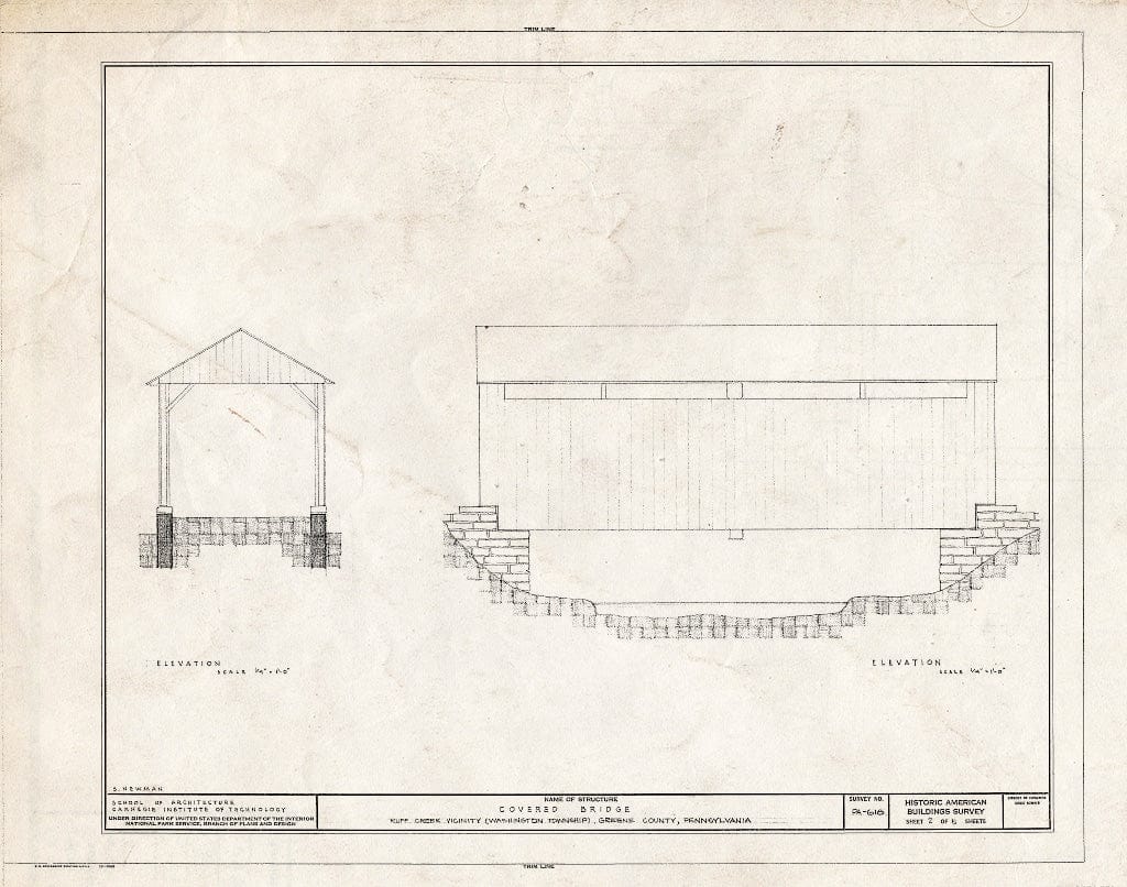 Blueprint Elevations - Covered Bridge, Spanning Ruff Creek (Washington Township), Ruff Creek, Greene County, PA