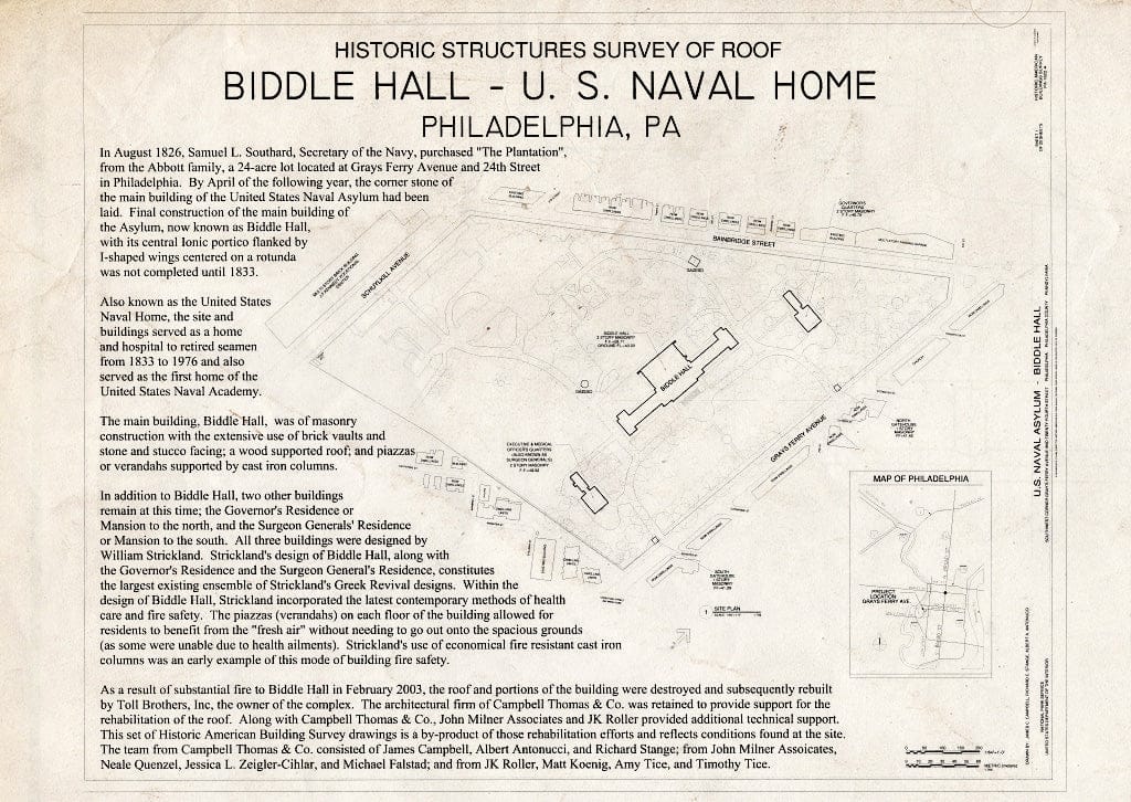 Blueprint Cover Sheet - U. S. Naval Asylum, Biddle Hall, Gray's Ferry Avenue, Philadelphia, Philadelphia County, PA