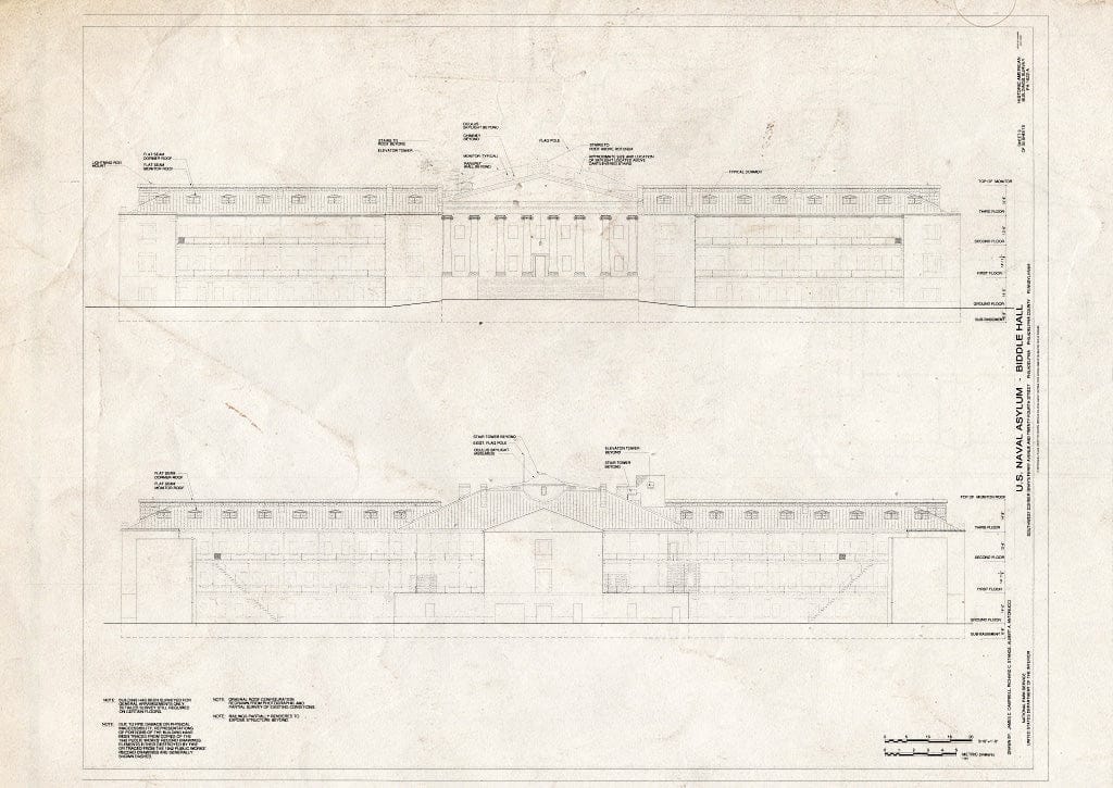 Blueprint Front and Rear Elevations - U. S. Naval Asylum, Biddle Hall, Gray's Ferry Avenue, Philadelphia, Philadelphia County, PA