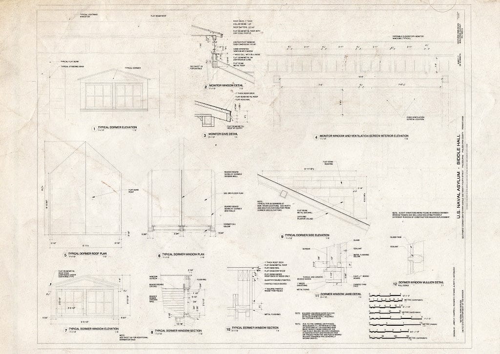 Blueprint Dormer Details and Monitor Window and Ventilation Screen Interior Elevation - U. S. Naval Asylum, Biddle Hall, Gray's Ferry Avenue, Philadelphia, Philadelphia County, PA