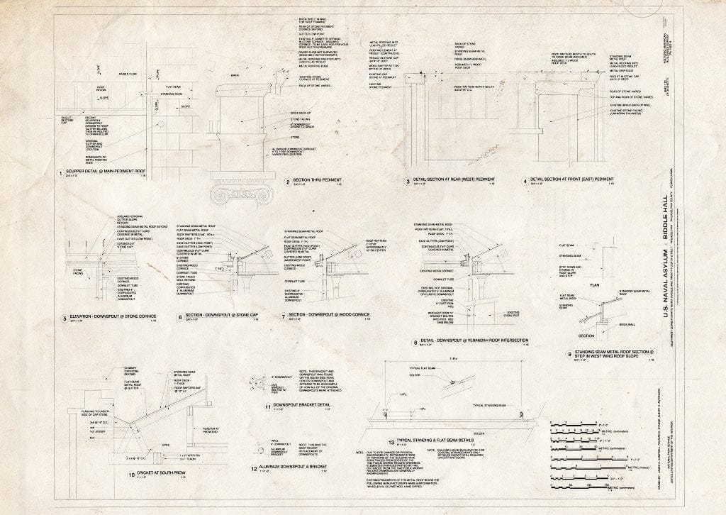 Blueprint Details of Pediment, Downspout, Cornice, and Roof - U. S. Naval Asylum, Biddle Hall, Gray's Ferry Avenue, Philadelphia, Philadelphia County, PA