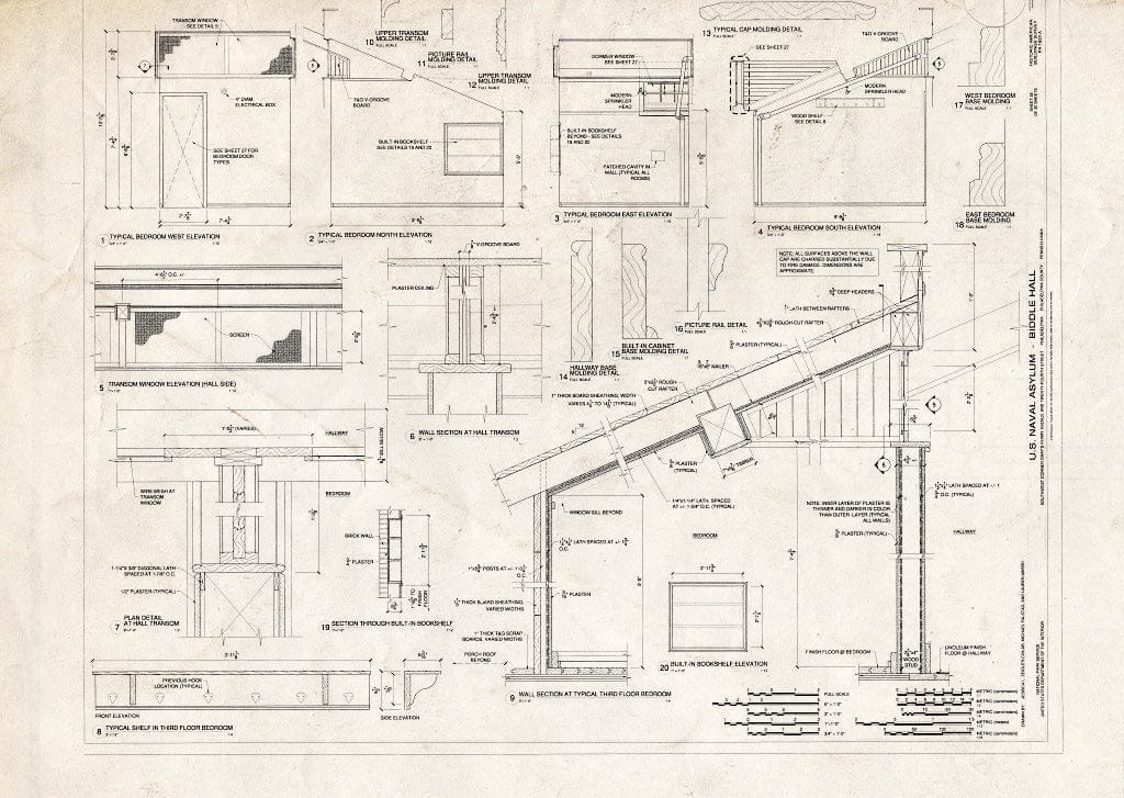 Blueprint Bedroom Elevations and Sections, and Details of Bookshelves - U. S. Naval Asylum, Biddle Hall, Gray's Ferry Avenue, Philadelphia, Philadelphia County, PA