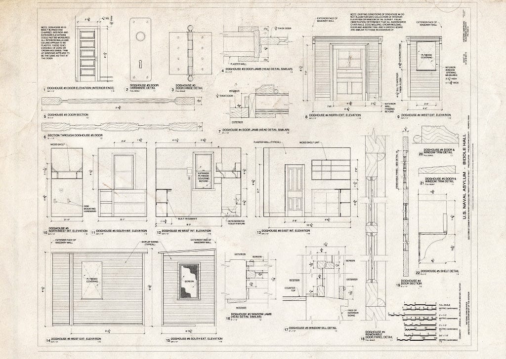 Blueprint Doghouse #3, 4, and #5 Interior and Exterior Elevations and Details - U. S. Naval Asylum, Biddle Hall, Gray's Ferry Avenue, Philadelphia, Philadelphia County, PA