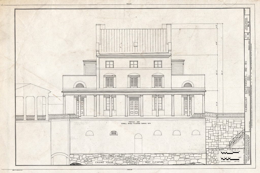 Blueprint 15. Engine House west Elevation - Fairmount Waterworks, East Bank of Schuylkill River, Aquarium Drive, Philadelphia, Philadelphia County, PA