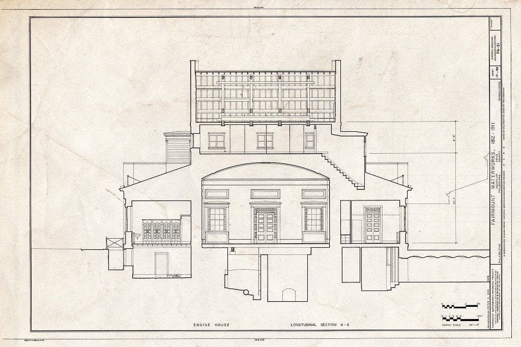 Blueprint 17. Engine House Longitudinal Section A-A - Fairmount Waterworks, East Bank of Schuylkill River, Aquarium Drive, Philadelphia, Philadelphia County, PA