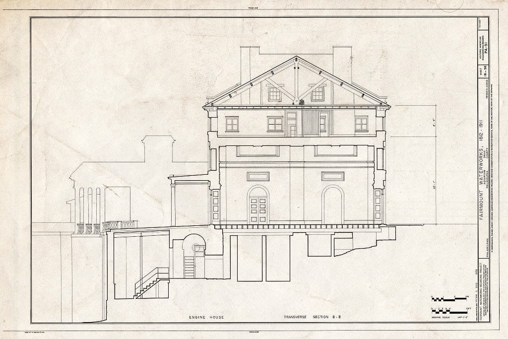 Blueprint 18. Engine House Transverse Section B-B - Fairmount Waterworks, East Bank of Schuylkill River, Aquarium Drive, Philadelphia, Philadelphia County, PA