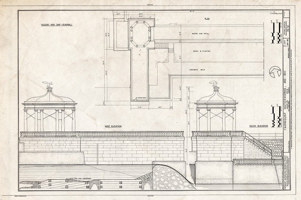 Blueprint 26. Gazebo and Dam headwall - Fairmount Waterworks, East Bank of Schuylkill River, Aquarium Drive, Philadelphia, Philadelphia County, PA