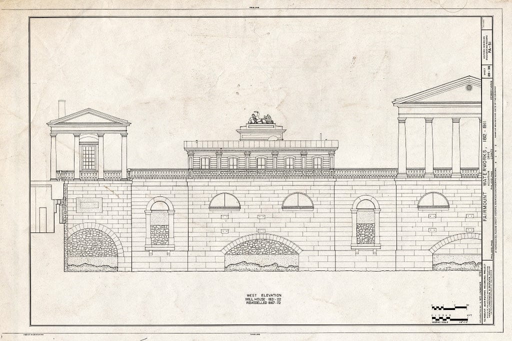 Blueprint 28. Mill House west Elevation - Fairmount Waterworks, East Bank of Schuylkill River, Aquarium Drive, Philadelphia, Philadelphia County, PA