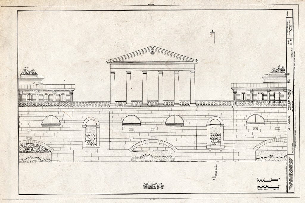 Blueprint 29. Mill House west Elevation - Fairmount Waterworks, East Bank of Schuylkill River, Aquarium Drive, Philadelphia, Philadelphia County, PA