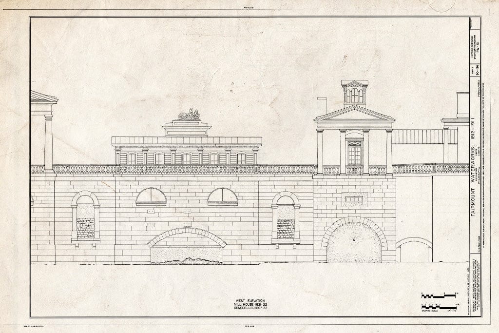 Blueprint 30. Mill House west Elevation - Fairmount Waterworks, East Bank of Schuylkill River, Aquarium Drive, Philadelphia, Philadelphia County, PA