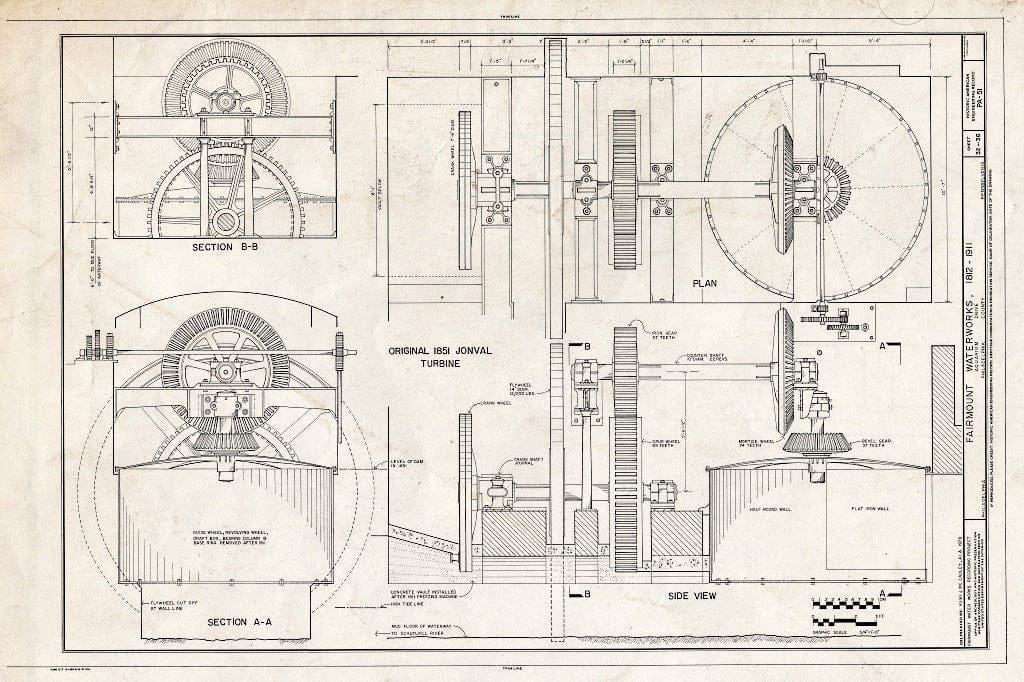 Blueprint 32. Original 1851 Jonval Turbine - Fairmount Waterworks, East Bank of Schuylkill River, Aquarium Drive, Philadelphia, Philadelphia County, PA