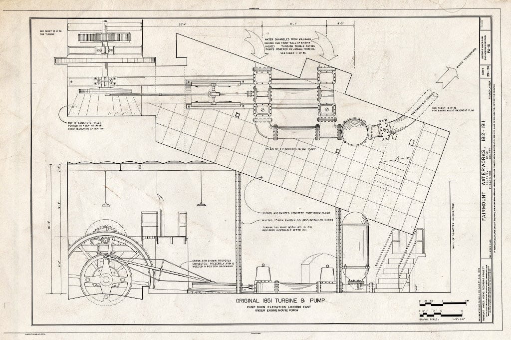 Blueprint 33. Original 1851 Turbine and Pump - Fairmount Waterworks, East Bank of Schuylkill River, Aquarium Drive, Philadelphia, Philadelphia County, PA